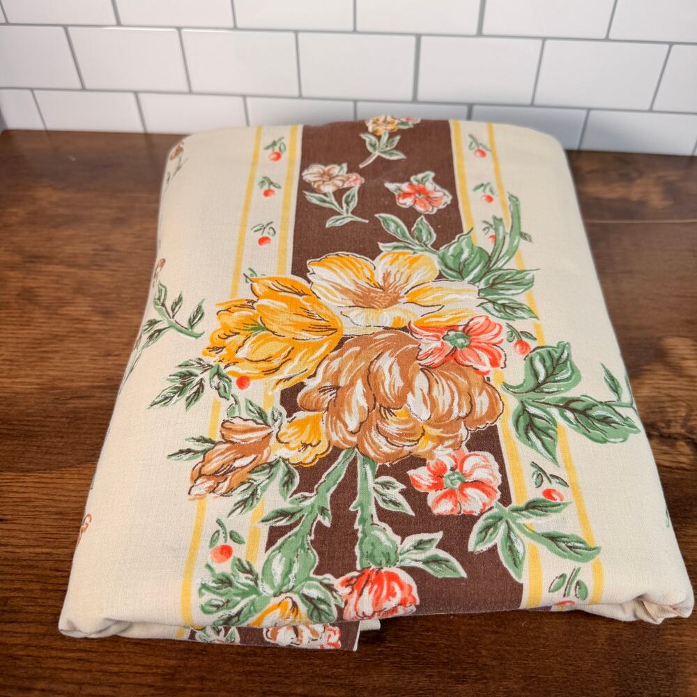 Vintage 1978 JP Stevens Floral Full Flat Sheet Brown Orange Yellow Retro Bedding